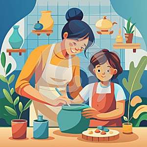 Family Bonding Time: Mother and Child Cooking Together in Kitchen