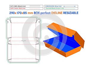 Family box dieline 290 x 170 x 85 mm Size or hotdog burger box Die-cut template