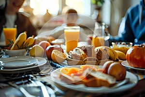 A family breakfast scene with bread, fruits and orange juice on the table. Ai generated