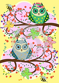 A family of bright, cartoon, cute, colorful owls on a flowering tree branch