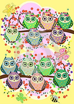 A family of bright, cartoon, cute, colorful owls on a flowering tree branch
