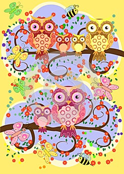 A family of bright, cartoon, cute, colorful owls on a flowering tree branch, parents