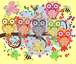 A family of bright, cartoon, cute, colorful owls on a flowering tree branch, parents