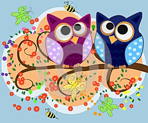 A family of bright, cartoon, cute, colorful owls on a flowering tree branch, parents