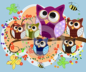 A family of bright, cartoon, cute, colorful owls on a flowering tree branch, parents