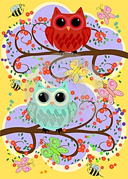 A family of bright, cartoon, cute, colorful owls on a flowering tree branch, parents