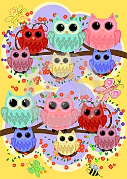 A family of bright, cartoon, cute, colorful owls on a flowering tree branch, parents