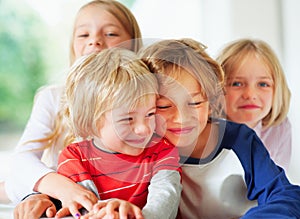 Family, brothers or sisters for hug together for love, relax wellness and happiness with sibling support in home. Boys