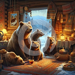 A family of brown bears preparing for hibernation in their den, snow outside, generative ai