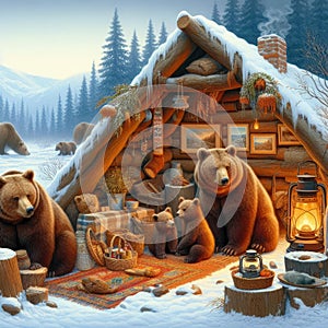 A family of brown bears preparing for hibernation in their den, snow outside, generative ai