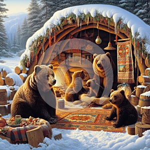 A family of brown bears preparing for hibernation in their den, snow outside, generative ai