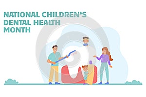 Family brushing teeth. National Childrenâ€™s Dental Health Month. Banner