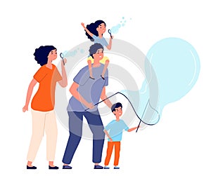 Family and bubbles. Soap bubble blowing, happy parents and child outdoor game. People play together, summer fun activity