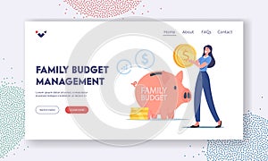 Family Budget Management Landing Page Template. Tiny Female Character Put Coin into Huge Piggy Bank. Woman Collect Money