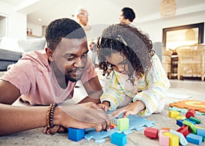 Family, building blocks and dad with girl on floor in living room for playing, bonding and quality time. Love