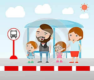 Family at the bus stop, A vector illustration of Family waiting at a bus stop, Waiting at Bus Stop.