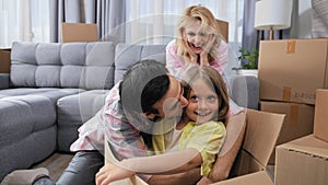 Family buy new apartment. Happy people move into house. Home relocation concept.