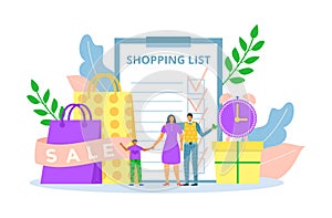 Family buy with shopping purchase list concept, vector illustration. Cartoon man woman people charcater make reminder