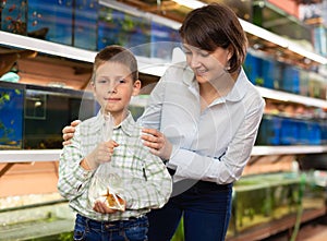 Family buying goldfish