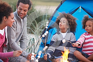 Family Camping On Beach And Toasting Marshmallows