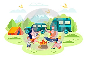 Family Camping with Car Trailer Vector Concept
