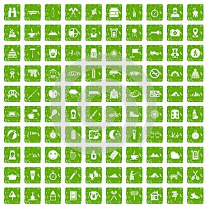 100 family camping icons set grunge green