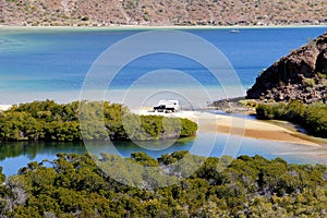 Family camping in the Loreto bays in the sea of baja california, mexico 