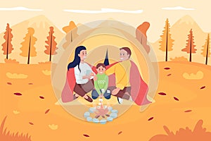 Family camping in october flat color vector illustration