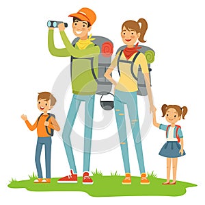 Family camping. Parents and kids outdoor travel illustration