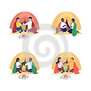 Family camping semi flat color vector characters set