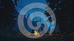 a family camping trip in the forest with a heartwarming photograph featuring a father, mother, and child gathered around