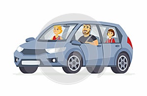 Family in the car - cartoon people character isolated illustration