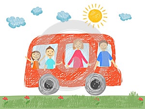 Family in car. Father mother parents kids going to vacation in car on road happy family transport vector doodle picture