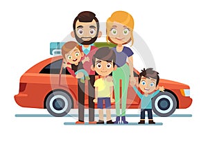 Family car. Happy young parents father mother kids pet auto lifestyle people automobile travel vacation road trip flat
