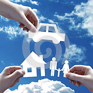 Family, car and house insurance policy concept