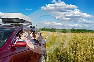 Family car travel on vacation trip, happy parents with children