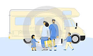 Family caravan travelling. Mother, father and children standing near camper trailer. Road trip vacation. Spring holiday journey.