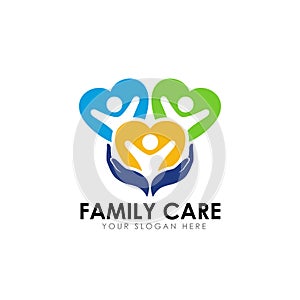 Family care logo design template. child on the heart shape with hand care illustration