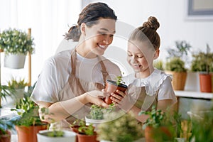 Family caring for plants