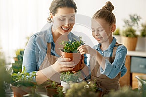 Family caring for plants