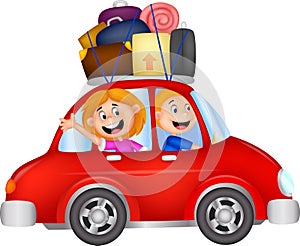 Family cartoon traveling with car