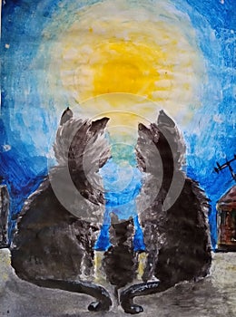 A family of cats chidyat on the roof and admire the bright moon. illustration.