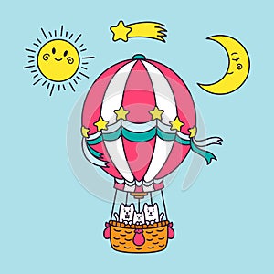 A family of cats flies around the world in a balloon. Sun, moon, shooting star, blue sky. Cartoon animal character vector