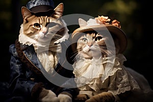 Family of cats in royal outfits of the Victorian era. Funny cats. Cats as Humans concept. Picture of Cat Aristocrats