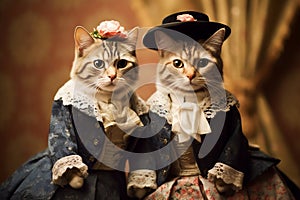 Family of cats in royal outfits of the Victorian era. Funny cats. Cats as Humans concept. Picture of Cat Aristocrats