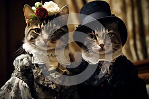 Family of cats in royal outfits of the Victorian era. Funny cats. Cats as Humans concept. Picture of Cat Aristocrats