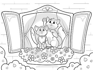 Family of cats is sitting on the windowsill, view from window. Children coloring book.