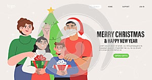 Family celebrate Christmas and New Year together with gifts and christmas tree. Winter holiday banner, landing page