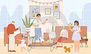 Family celebrating easter at home. Cute holiday people in bunny costumes with eggs, flowers and pets. Children and