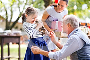 Family celebration or a garden party outside in the backyard.